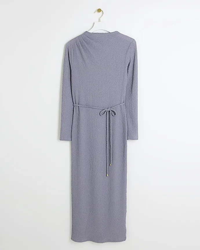Blue textured belted bodycon midi dress