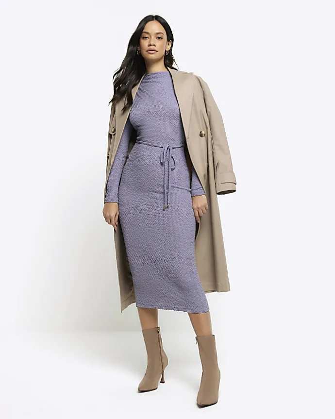 Blue textured belted bodycon midi dress