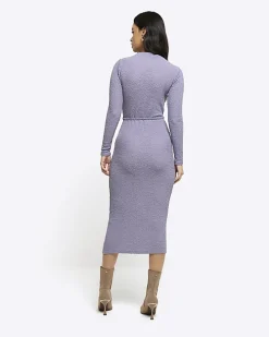 Blue textured belted bodycon midi dress