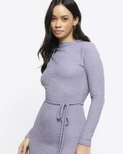 Blue textured belted bodycon midi dress