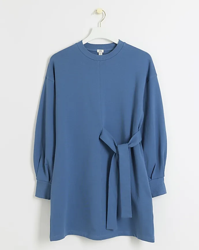 Blue tie side sweatshirt mini dress