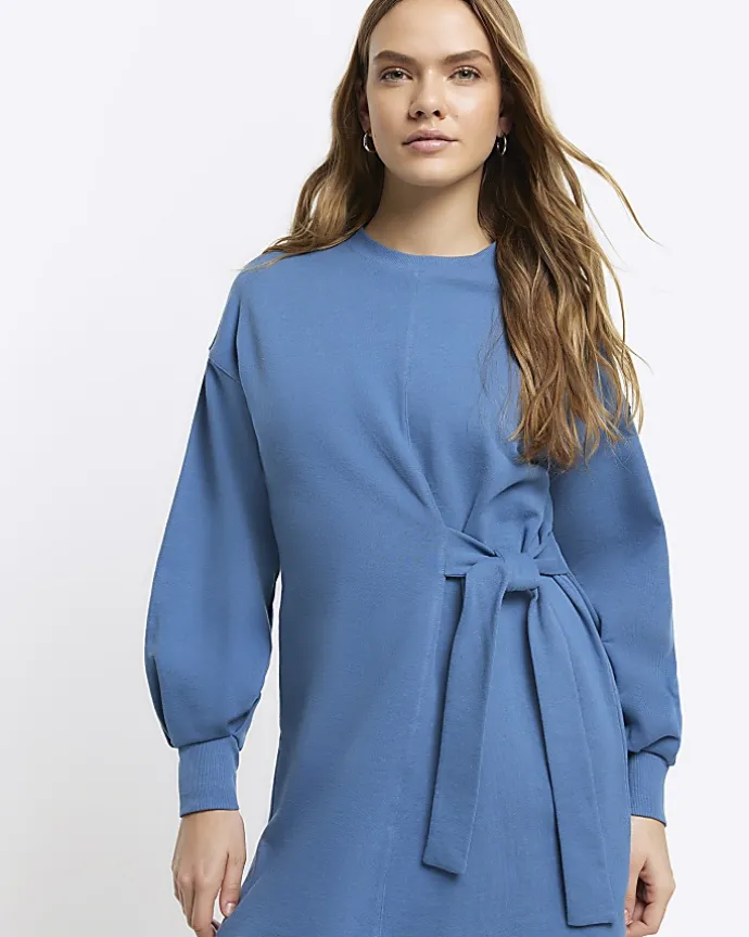 Blue tie side sweatshirt mini dress