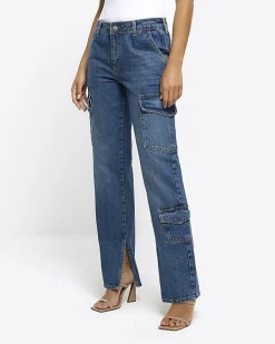 Blue wide leg cargo jeans