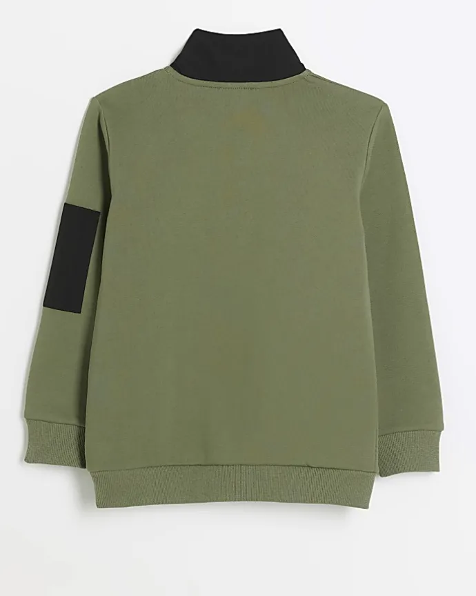 Boys khaki colour block funnel sweatshirt