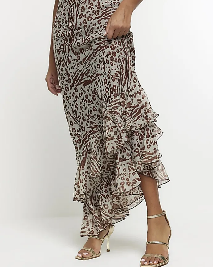 Brown animal print frill slip maxi dress