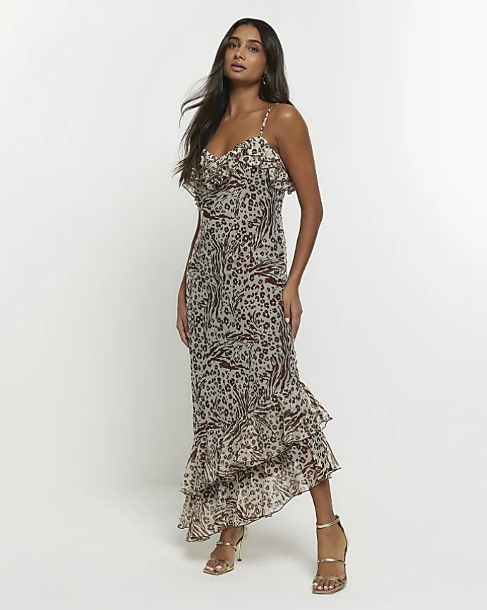 Brown animal print frill slip maxi dress