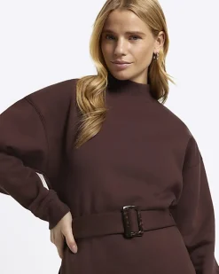 Brown Belted Sweatshirt Mini Dress