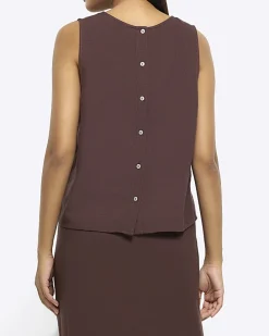 Brown button up sleeveless top with linen
