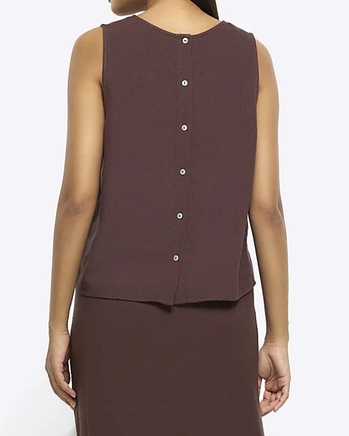 Brown button up sleeveless top with linen