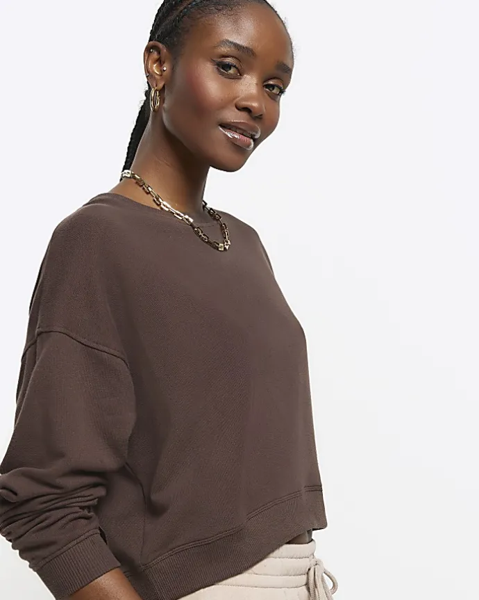 Brown crop plain sweatshirt