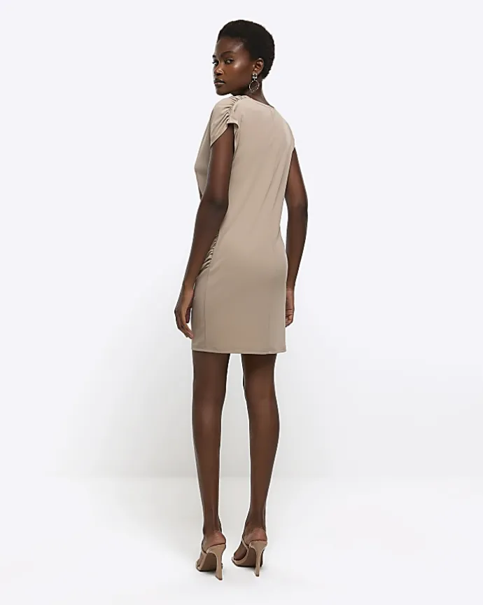 Brown drape wrap bodycon mini dress