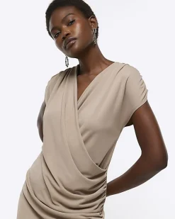 Brown drape wrap bodycon mini dress