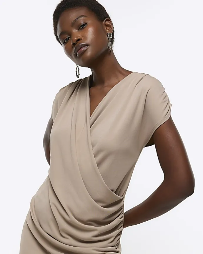 Brown drape wrap bodycon mini dress