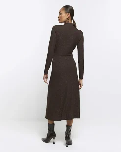 Brown glitter knot bodycon midi dress