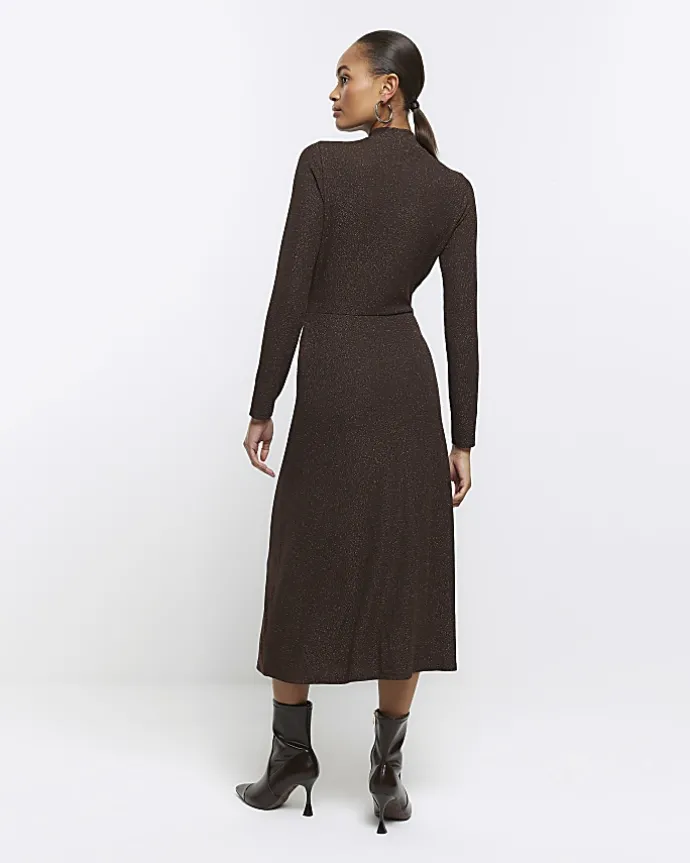 Brown glitter knot bodycon midi dress
