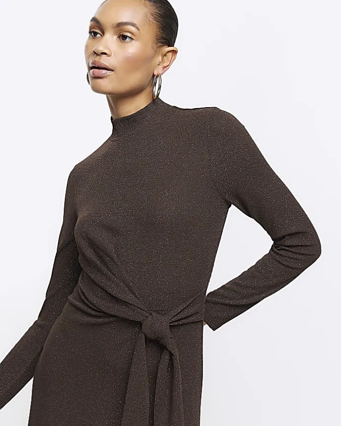 Brown glitter knot bodycon midi dress