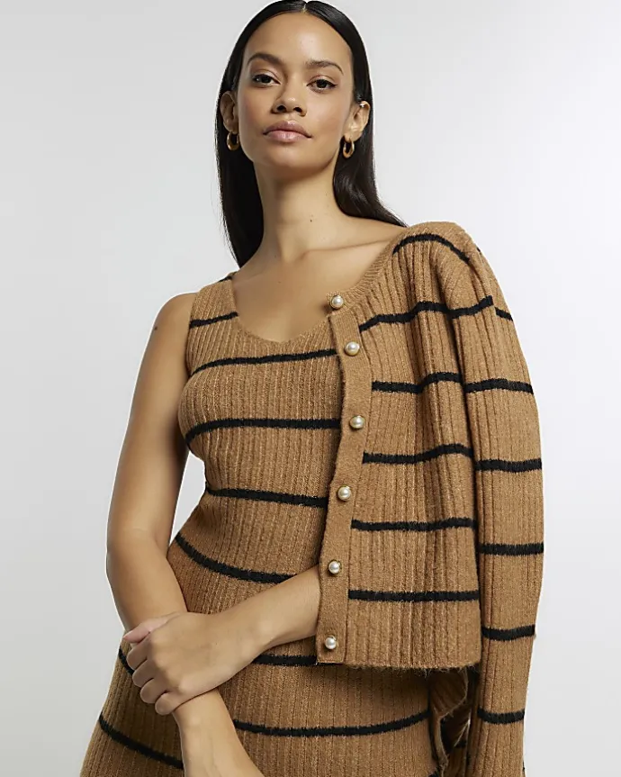 Brown knit stripe bodycon midi dress set