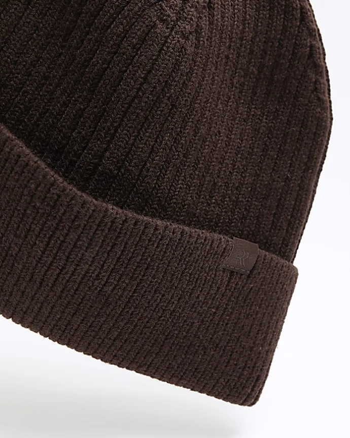 Brown knitted rib beanie