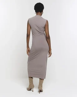Brown knot detail bodycon midi dress