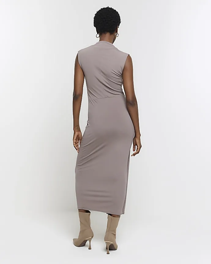 Brown knot detail bodycon midi dress