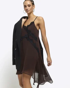 Brown lace trim asymmetric slip mini dress