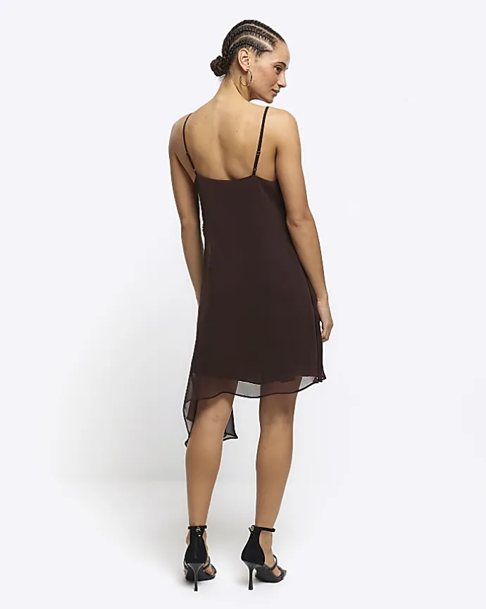 Brown lace trim asymmetric slip mini dress