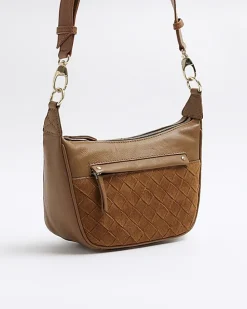 Brown leather weave cross body bag