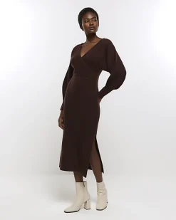 Brown long sleeve jumper midi dress