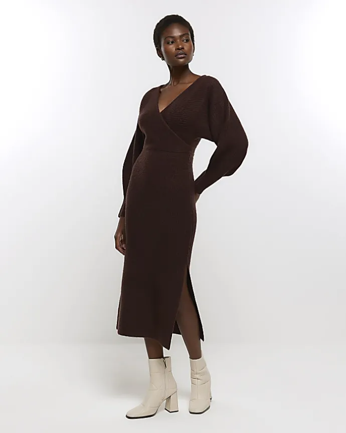 Brown long sleeve jumper midi dress