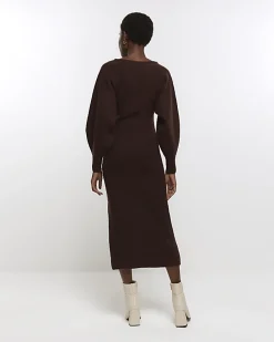 Brown long sleeve jumper midi dress