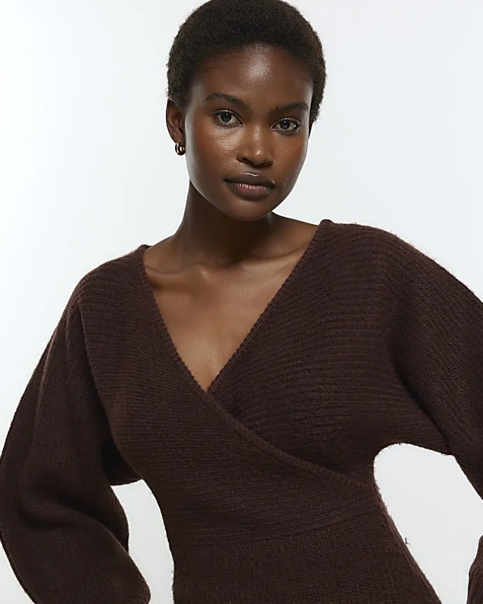 Brown long sleeve jumper midi dress