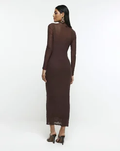 Brown mesh bodycon maxi dress