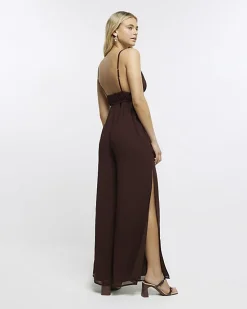 Brown Plunge Cut Out Jumpsuit