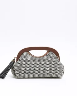 Brown raffia clutch bag