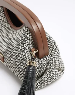 Brown raffia clutch bag