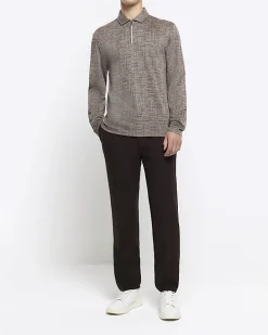 Brown regular fit cross hatch jacquard polo