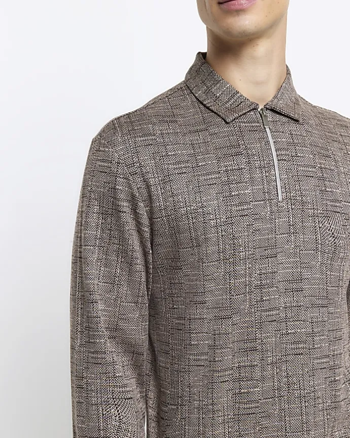 Brown regular fit cross hatch jacquard polo