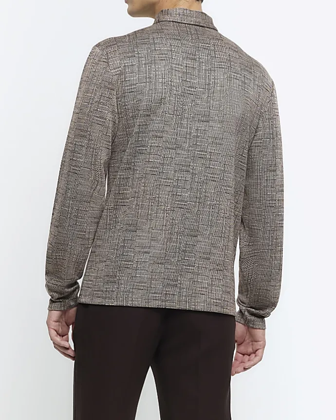 Brown regular fit cross hatch jacquard polo