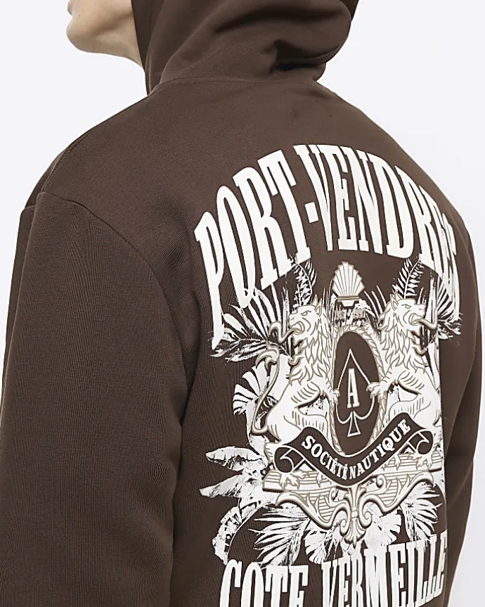 Brown regular fit graphic hoodie