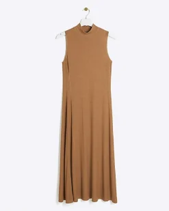 Brown rib high neck bodycon midi dress