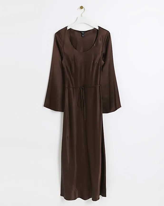 Brown satin belted slip midi dress