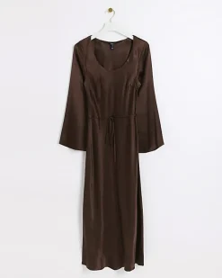 Brown satin belted slip midi dress