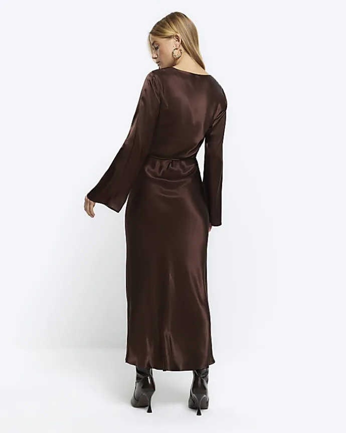 Brown satin belted slip midi dress