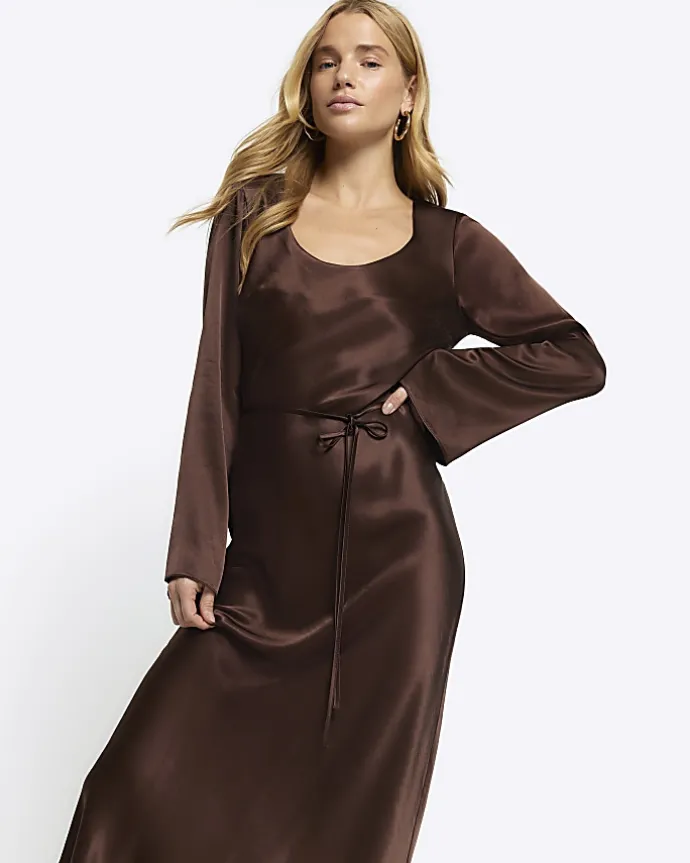Brown satin belted slip midi dress