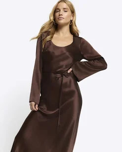Brown satin belted slip midi dress