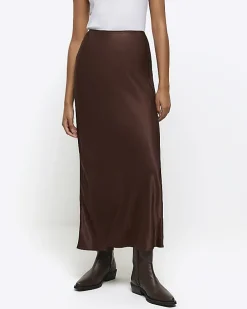 Brown satin midi skirt