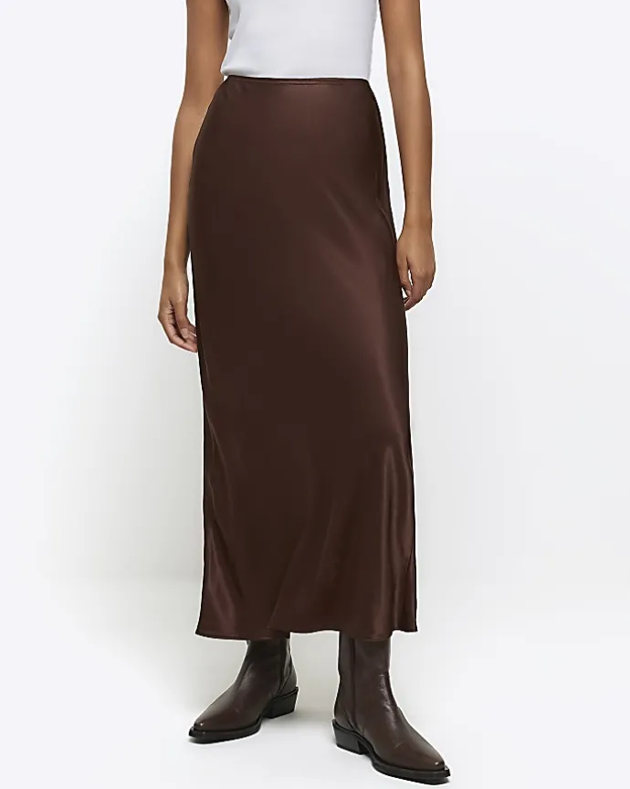 Brown satin midi skirt