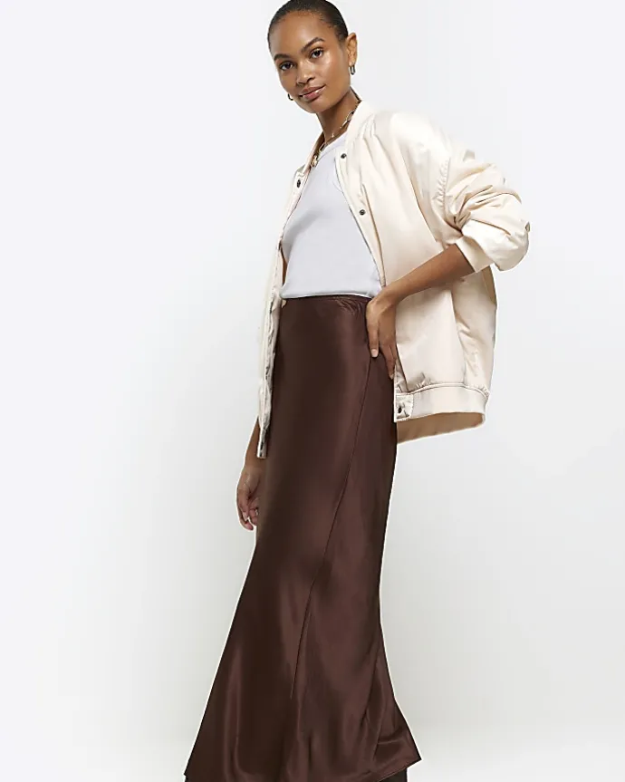 Brown satin midi skirt