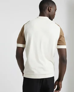 Brown slim fit colour block knitted polo