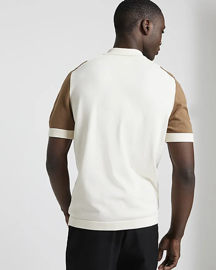Brown slim fit colour block knitted polo